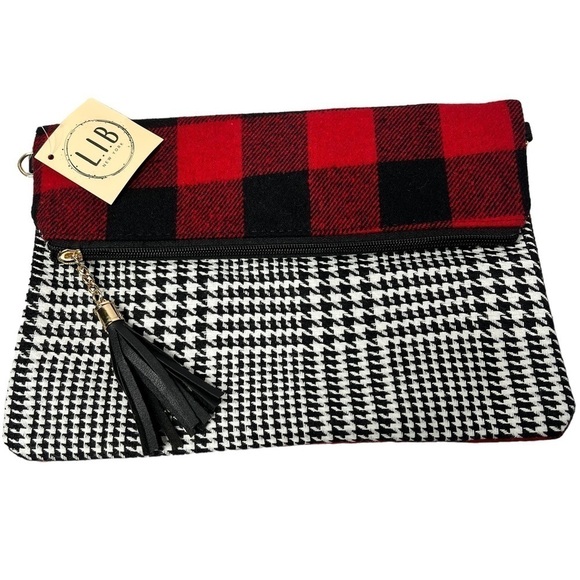 NWT LIB NEW YORK Plaid Fold Over Crossbody Clutch Bag With Wristlet - Picture 2 of 16